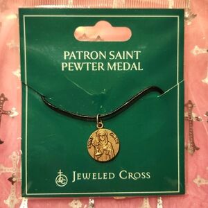 St. Clare Patron Saint Pewter Medal Pendant on Cord Necklace in Cross Gift Bag